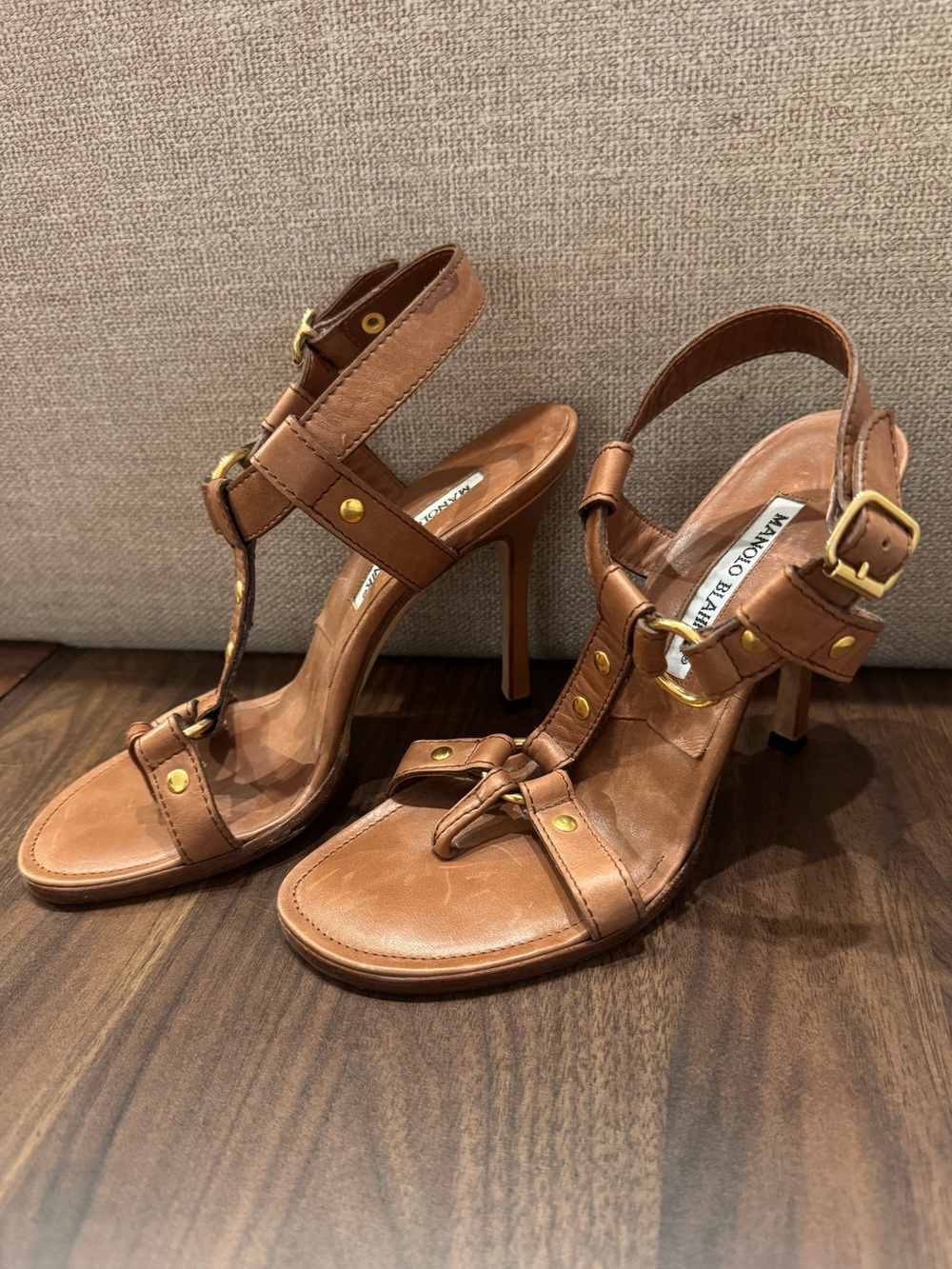 Manolo Blahnik T Strap Studded Sandals Tan EU 37 US 6.5/7